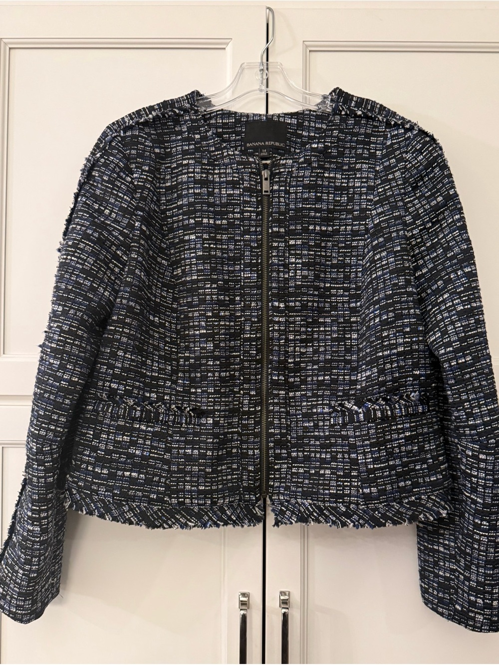 Banana Republic Navy Tweed Zip Jacket | Fringe Trim Career Blazer | Size 14